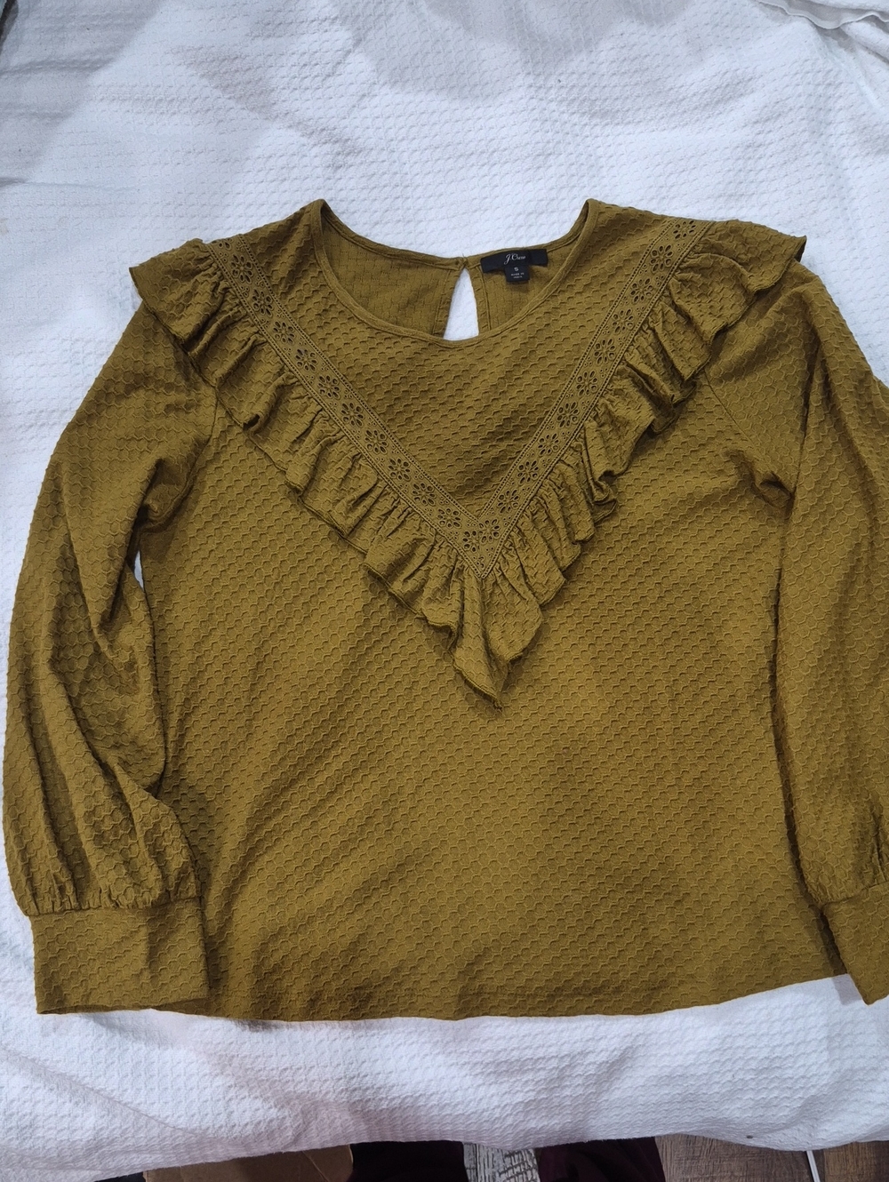 Women's J. Crew Olive Textured Blouse With Ruffles And Lace Size Small Fairycore
